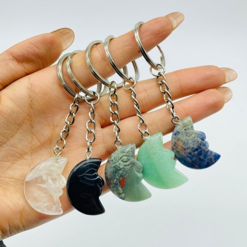 5 Types Moon Face Crystal Keychain Carving Wholesale Clear Quartz Black Obsidian