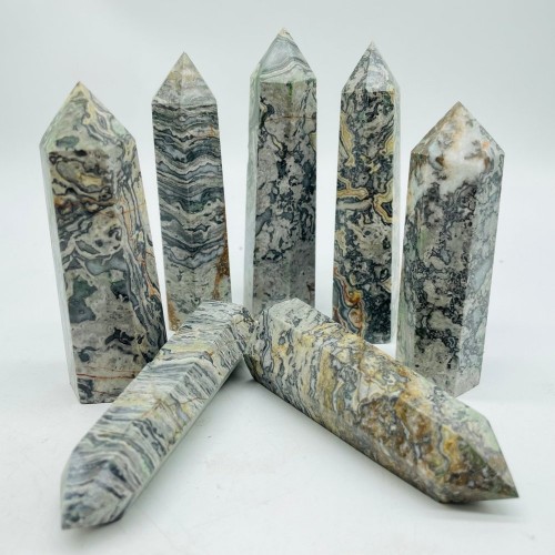 Natural Gray Lace Agate Point Crystal Tower Wholesale