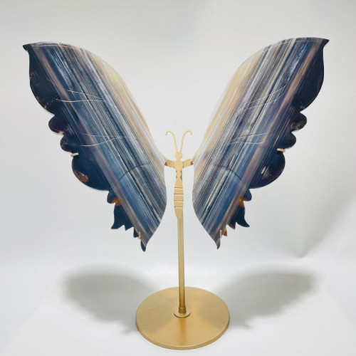 Large Blue Stripe Agate Symmetry Butterfly Carving With Stand