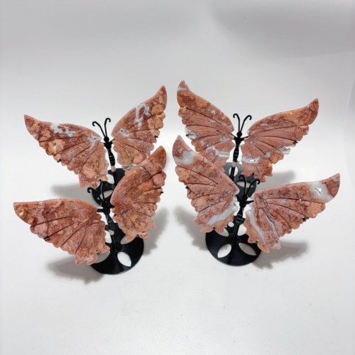 4 Pairs Beautiful Pink Agate Butterfly Wing Carving With Stand