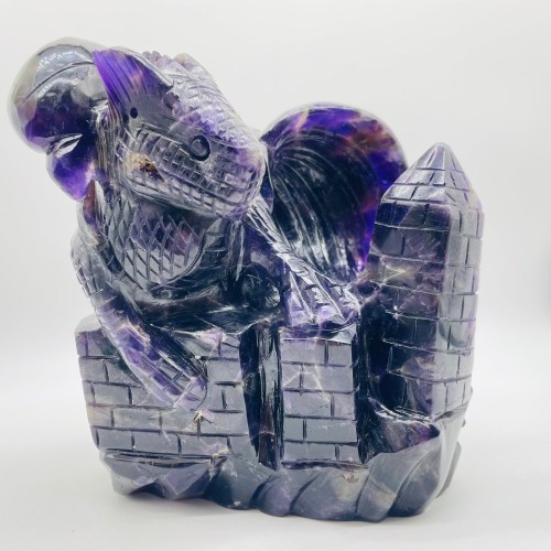 Large Unique Amethyst Dragon With Castle Carving