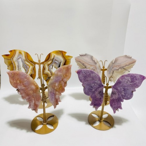 4 Pieces Butterfly Carving With Stand Lepidolite Pink Amethyst