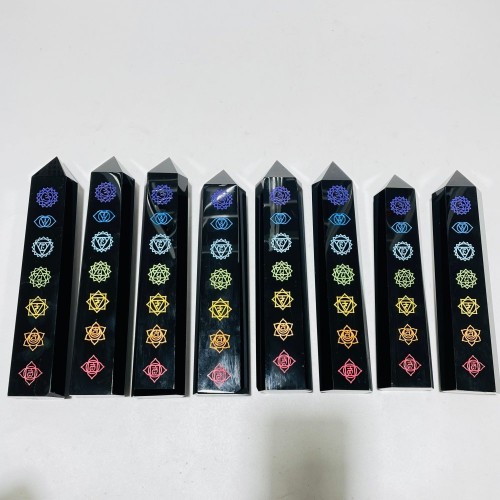 8 Pieces Large 7 Chakras Black Obsidian Tower