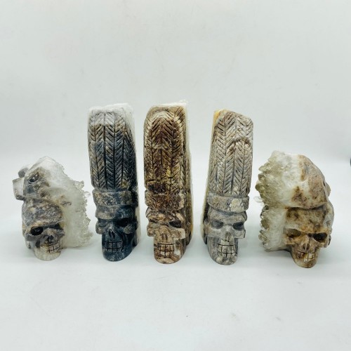 5 Pieces Clear Quartz Cluster Indian Skull Carving