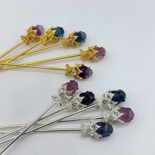 Rainbow Fluorite Rose Flower Hairpin Carving Wholesale