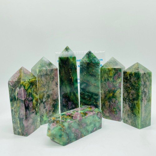 Ruby Mixed Green Mica Four-Sided Fat Tower Points Wholesale