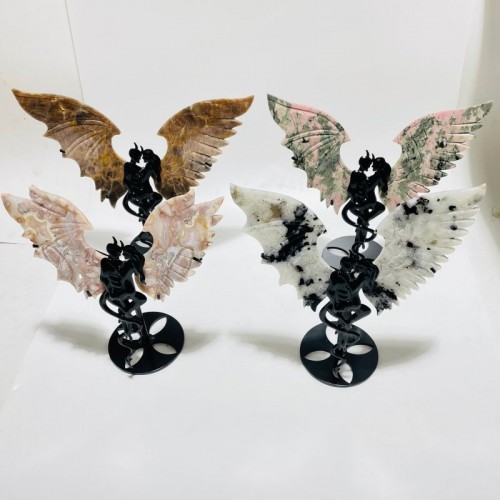 4 Pairs Demon And Angel Wing Carving With Stand Black Sun Stone India Moonstone