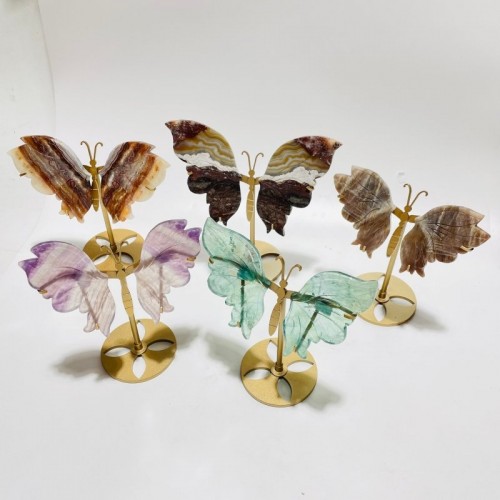 5 Pairs Butterfly Wing Carving With Stand Morocco Agate Moonstone