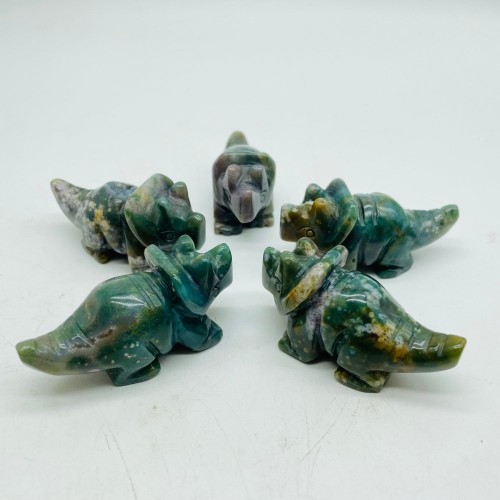 Moss Agate Three Horns Dinosaur Carving Wholesale