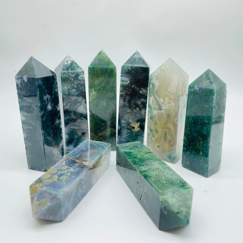 Moss Agate Four-Sided Tower Point Wholesale