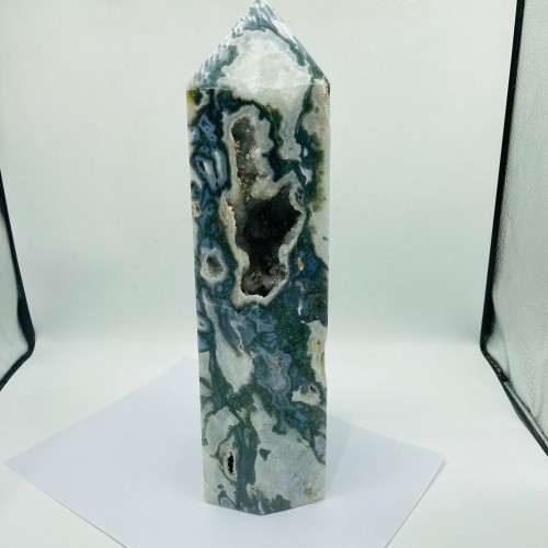 13in Large Unique Druzy Moss Agate Tower