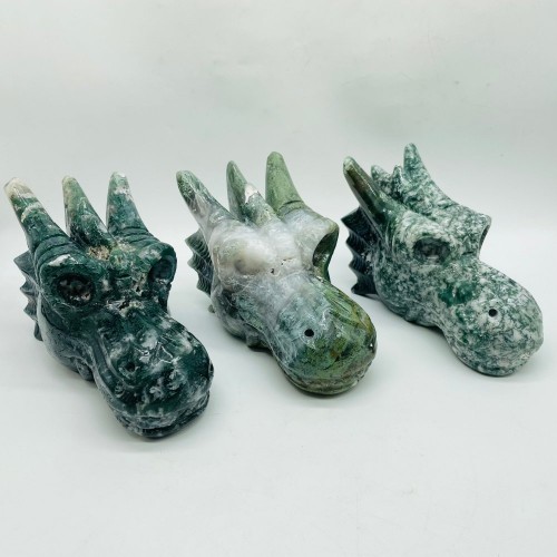 3 Pieces Beautiful Moss Agate Dragon Head