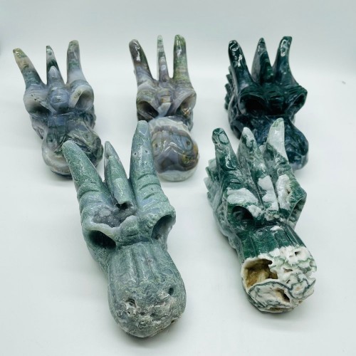 5 Pieces High Quality Geode Moss Agate Dragon Head Carving