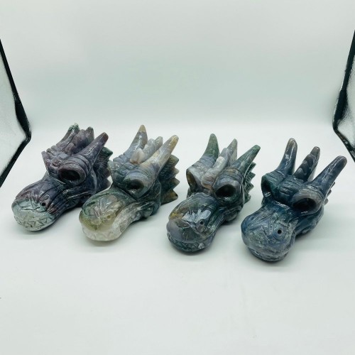 4 Pieces Moss Agate Dragon Head Carving