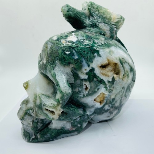 Beautiful Large Moss Agate Bird Skull Carving