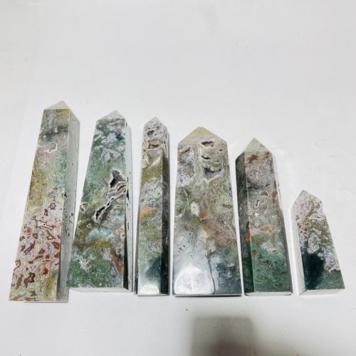 6 Pieces Large Four-Sided Unique Druzy Moss Agate Tower