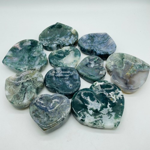 Beautiful Moss Agate Heart Shallow Bowl Carving Wholesale