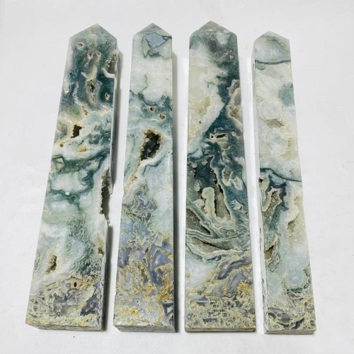 4 Pieces Large Druzy Moss Agate Geode Tower