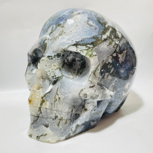 Large Geode Moss Agate Skull Carving