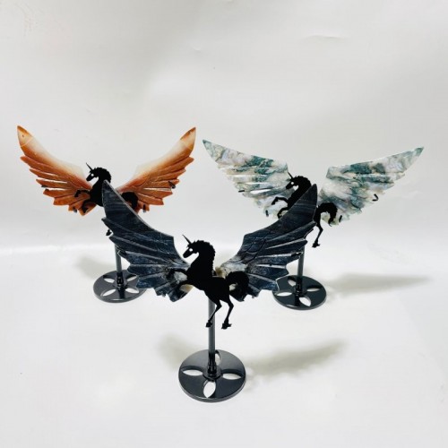 3 Pairs Small Pegasus Wing Carving With Stand Moss Agate