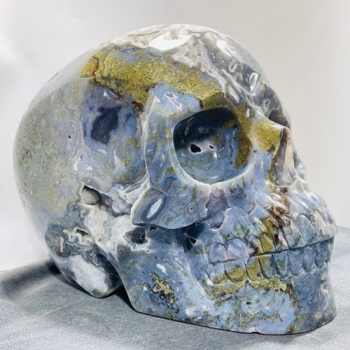 45.8kg Large Geode Druzy Moss Agate Skull Carving