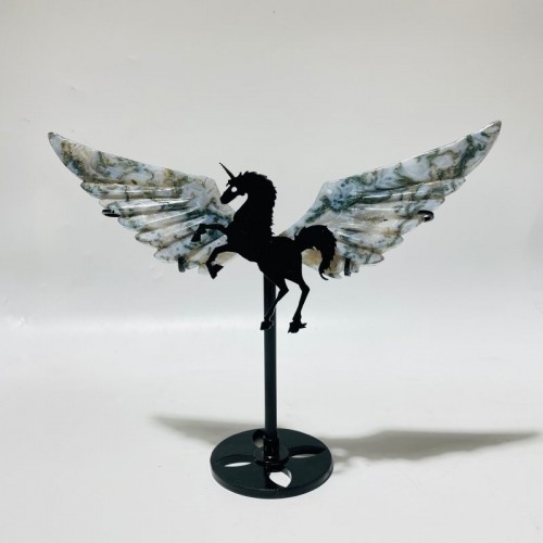 9 Pairs Moss Agate Small Pegasus Wing Carving With Stand