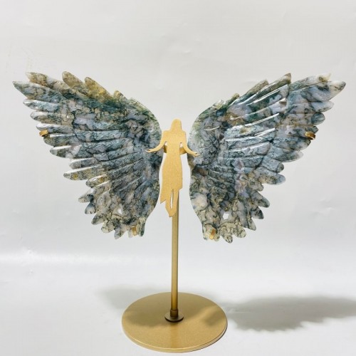 2 Pairs Large Moss Agate Angel Symmetry Wing Carving With Stand