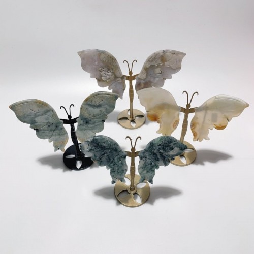 4 Pairs Butterfly Wing Carving With Stand Ocean Jasper Sakura Flower Agate Moss Agate