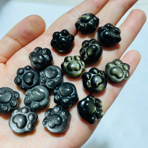 Mini Gold&Silver Sheen Obsidian Cat Paw Carving Wholesale