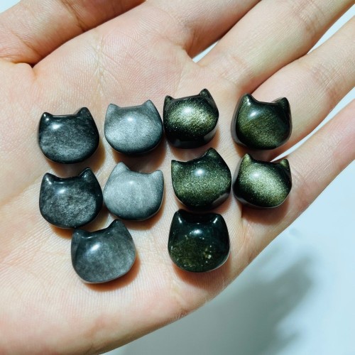 Mini Gold&Silver Sheen Obsidian Cat Head Shape Carving Wholesale