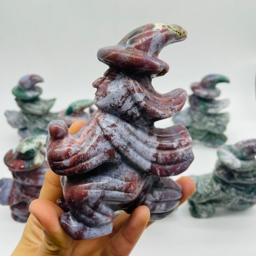 8 Pieces Ocean Jasper Witch Riding A Broom Hand Carving