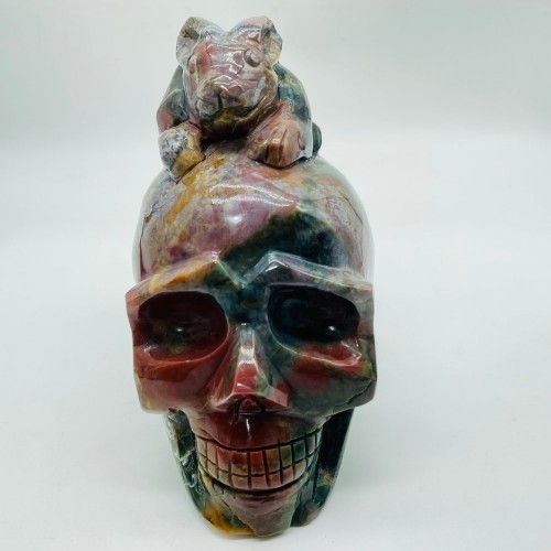 Unique Ocean Jasper Skull With Rabbit Carving