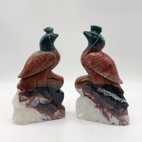 2 Pieces Ocean Jasper lover Peacock Peafowl Carving