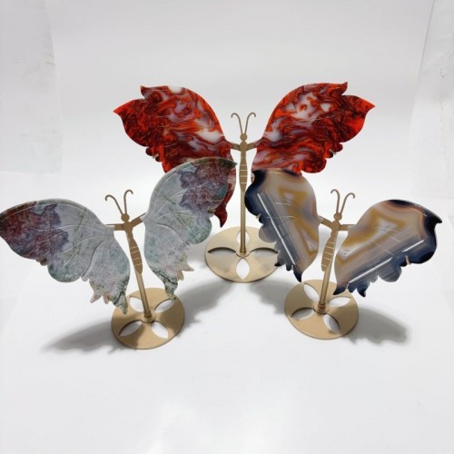 3 Pairs Butterfly Wing Carving With Stand Ocean Jasper Stripe Agate