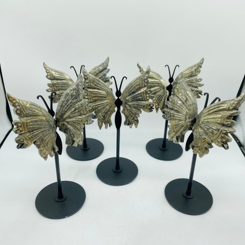 5 Pairs High Quality Pyrite Butterfly Carving With Stand