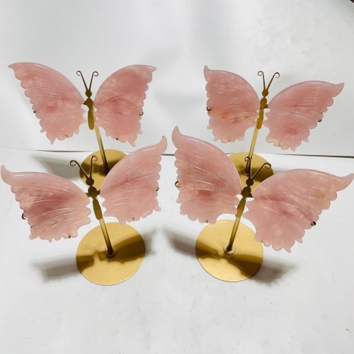 4 Pairs Rose Quartz Butterfly Carving With Stand