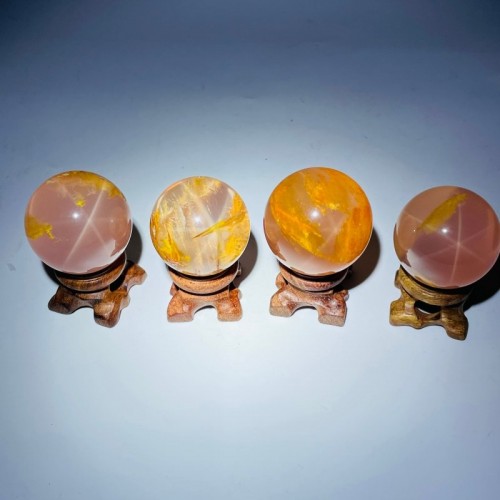 4 Pieces Six Star Line Rose Quartz Rabbit Hair Rutile Spheres