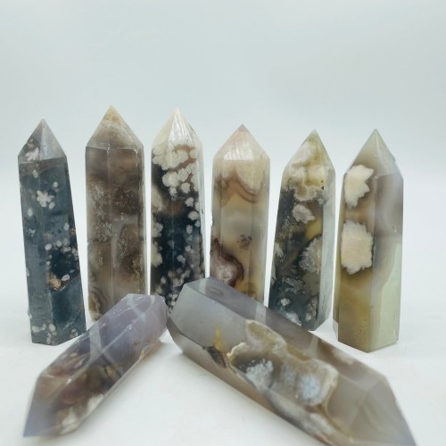 Black Sakura Flower Agate Tower Point Crystal Wholesale