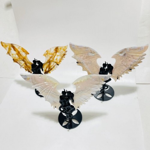 3 Pairs Demon And Angel Wing Carving With Stand Sakura Flower Agate Fire Quartz