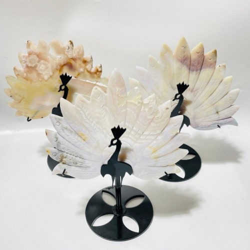 3 Pieces Flower Agate Peacock With Stand Carving