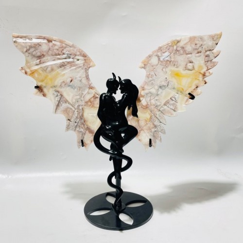 2 Pairs Flower Agate Demon And Angel Wing Carving With Stand