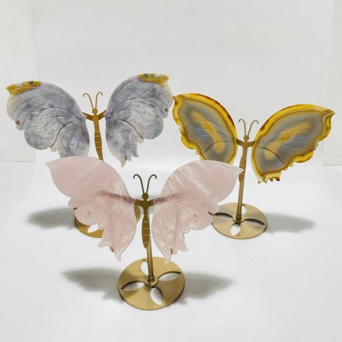 3 Pairs Butterfly Wing Carving With Stand Rose Quartz And Agate