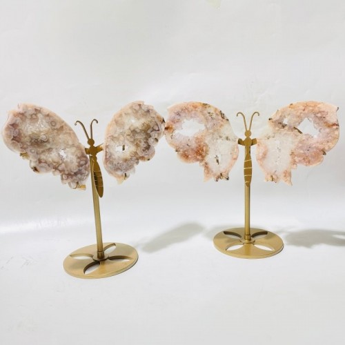 2 Pairs Geode Druzy Pink Sakura Flower Agate Butterfly Wing Carving With Stand