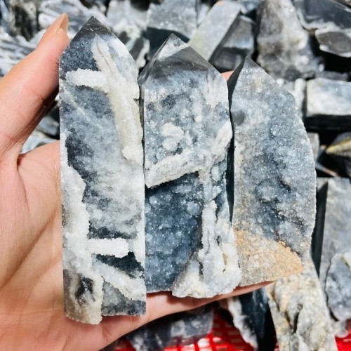 Black Sphalerite Geode Quartz Four-Sided Tower Points Wholesale